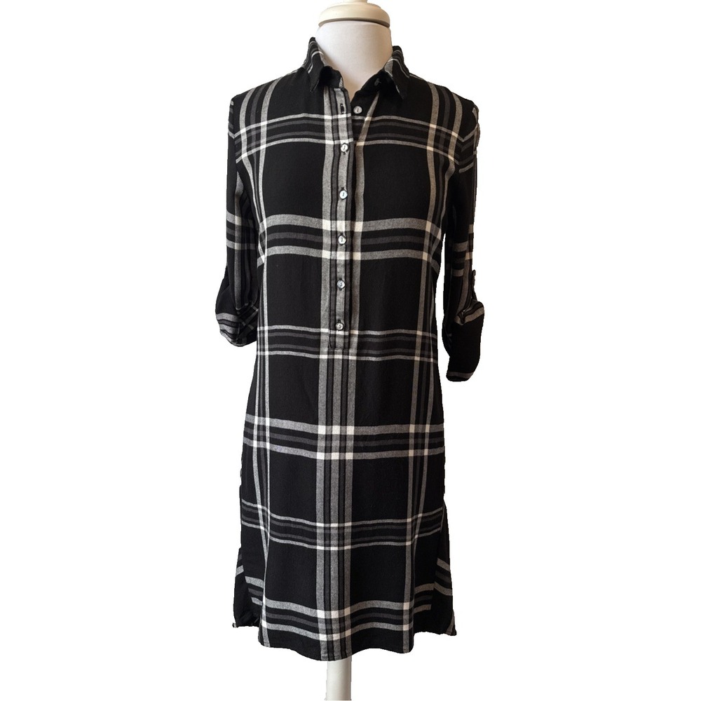 Max Studio Plaid Collared Button Hi Lo Roll Tab Shirt Dress M 90s Grunge Cabin
